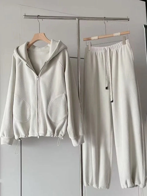 Women's Casual Sporty Hoodie Set Double-Faced Fleece Jacket Sweatpants Two-Piece Set High Waist A-Line Skirt Long Sleeve