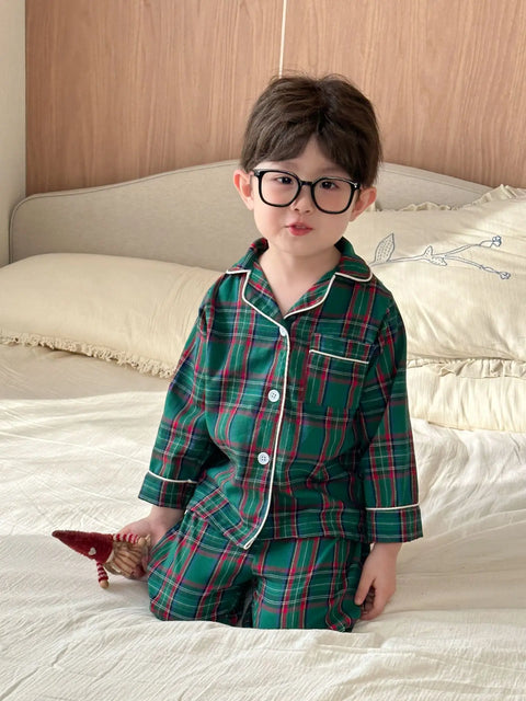 Christmas Kids Pajamas Long Sleeve Clothes Sets 2025 Autumn Baby Boys Girls Cotton Plaid Pajamas Suit Children Home Wear Clothes