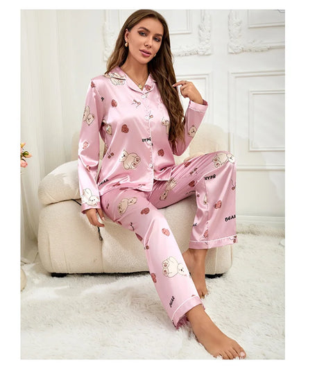 Women’s Satin Pajama Set – Heart Print Button-Down Sleepwear