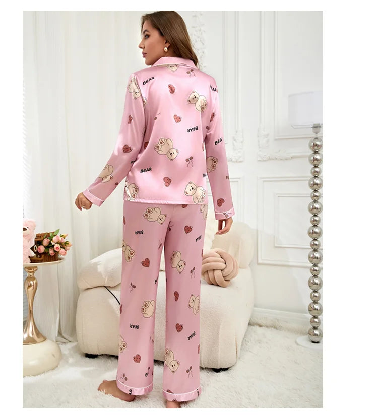 Women’s Satin Pajama Set – Heart Print Button-Down Sleepwear