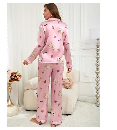 Women’s Satin Pajama Set – Heart Print Button-Down Sleepwear