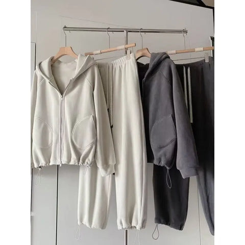 Women's Casual Sporty Hoodie Set Double-Faced Fleece Jacket Sweatpants Two-Piece Set High Waist A-Line Skirt Long Sleeve