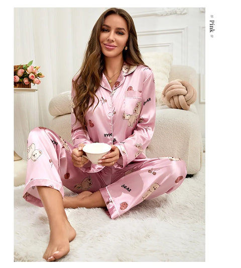 Women’s Satin Pajama Set – Heart Print Button-Down Sleepwear
