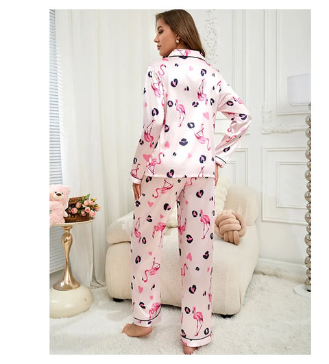 Women’s Satin Pajama Set – Heart Print Button-Down Sleepwear