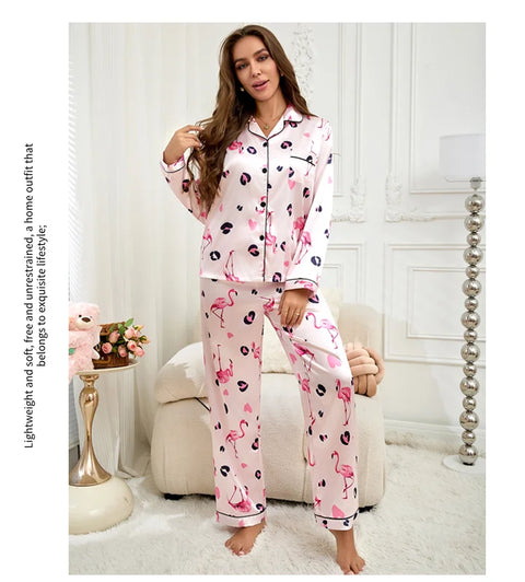 Women’s Satin Pajama Set – Heart Print Button-Down Sleepwear