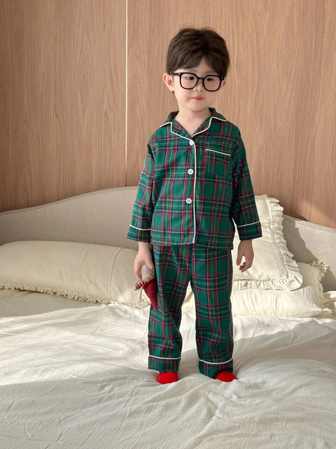 Christmas Kids Pajamas Long Sleeve Clothes Sets 2025 Autumn Baby Boys Girls Cotton Plaid Pajamas Suit Children Home Wear Clothes