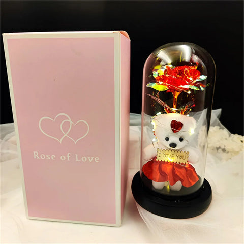 Valentines Day Gift for Girlfriend Eternal Bear Rose LED Light Foil Flower In Glass Cover