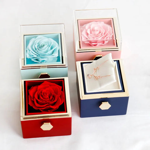 Gifts for Girlfriend Rotating Eternal Rose Gift Box Necklace Set Preserved Flower Jewelry Box For Valentine