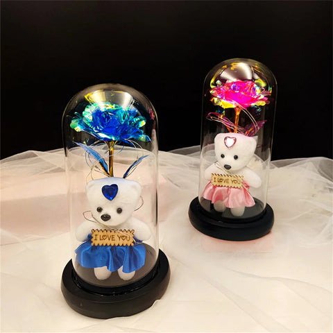 Valentines Day Gift for Girlfriend Eternal Bear Rose LED Light Foil Flower In Glass Cover