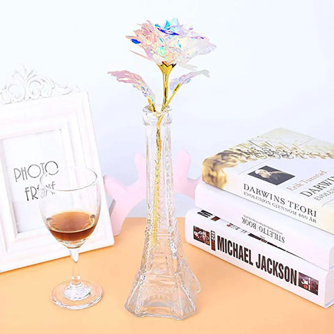 Valentines Day Gift Crystal Glass Rose Flower Gold Artificial Rose For Girlfriend Wedding Gift