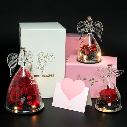 Angel Rose Gifts for Eternal Flower in Angel Figurines Glass Cover With LED Light Valentine's Day Gift