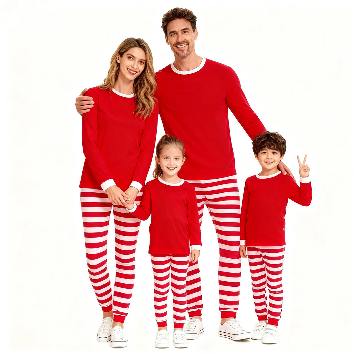 Family Christmas Matching Pajamas Sets Red Top with Striped Pants Long Sleeve Sleepwear for Dad Mom Kids Xmas Loungewear Outfits