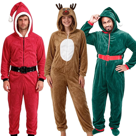 Couple Christmas Costume Pajamas Adult Holiday Coral Fleece Hooded Costumes Party Loungewear Pajamas Casual Nightwear Sets