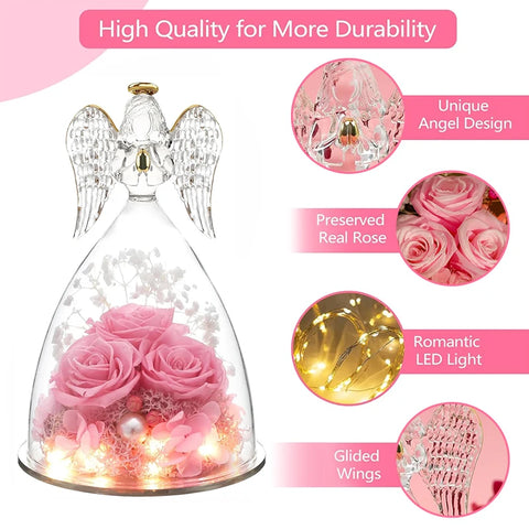 Angel Rose Gifts for Eternal Flower in Angel Figurines Glass Cover With LED Light Valentine's Day Gift