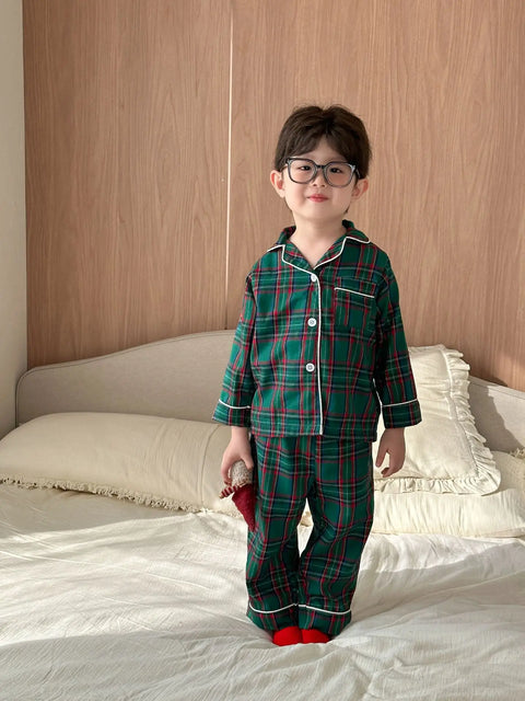 Christmas Kids Pajamas Long Sleeve Clothes Sets 2025 Autumn Baby Boys Girls Cotton Plaid Pajamas Suit Children Home Wear Clothes