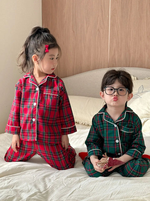 Christmas Kids Pajamas Long Sleeve Clothes Sets 2025 Autumn Baby Boys Girls Cotton Plaid Pajamas Suit Children Home Wear Clothes