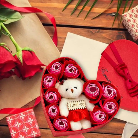 10 Heart-shape Soap Flower Gift Box Valentines Day Scented Rose Petals with Bear