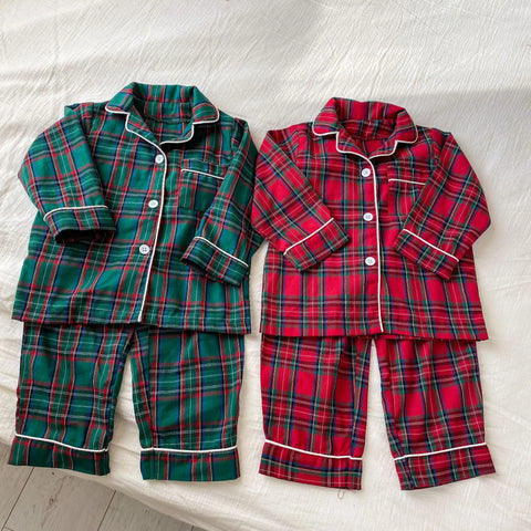 Christmas Kids Pajamas Long Sleeve Clothes Sets 2025 Autumn Baby Boys Girls Cotton Plaid Pajamas Suit Children Home Wear Clothes