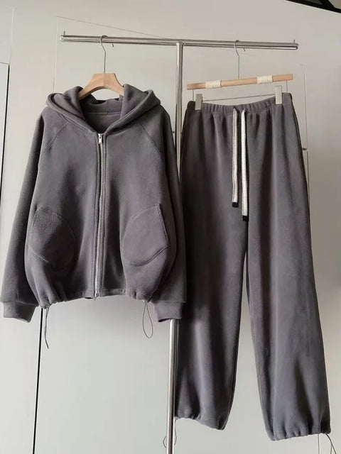 Women's Casual Sporty Hoodie Set Double-Faced Fleece Jacket Sweatpants Two-Piece Set High Waist A-Line Skirt Long Sleeve