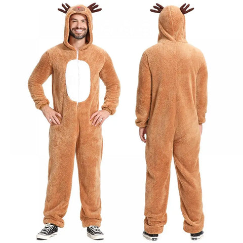 Couple Christmas Costume Pajamas Adult Holiday Coral Fleece Hooded Costumes Party Loungewear Pajamas Casual Nightwear Sets