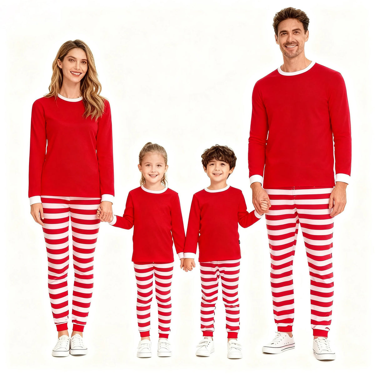 Family Christmas Matching Pajamas Sets Red Top with Striped Pants Long Sleeve Sleepwear for Dad Mom Kids Xmas Loungewear Outfits