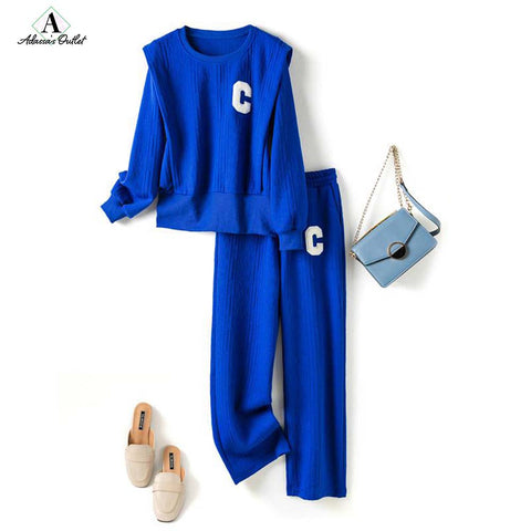 Women's Bright Sweatshirts Elastic Waist Wide Leg Pants Set