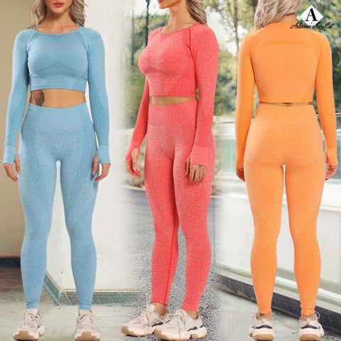 Women New Seamless Yoga Leggings + Long Sleeve Shirts