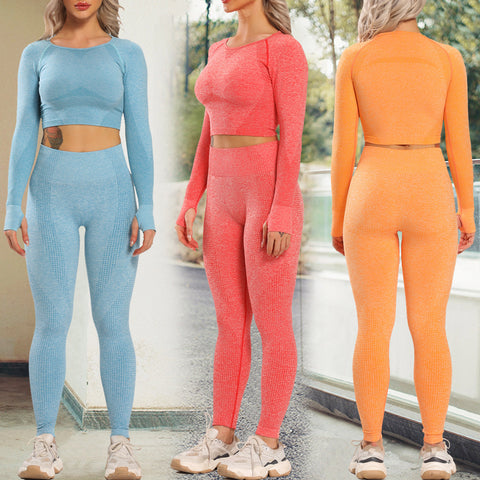 Women New Seamless Yoga Leggings + Long Sleeve Shirts