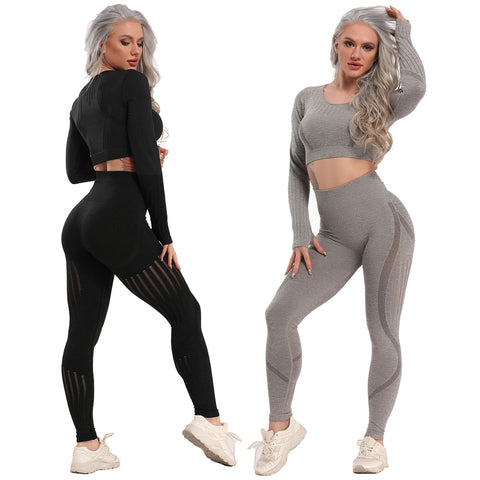 Yoga Set Seamless Leggings + Long Sleeve Shirts