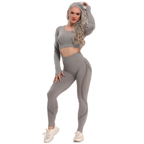 Yoga Set Seamless Leggings + Long Sleeve Shirts